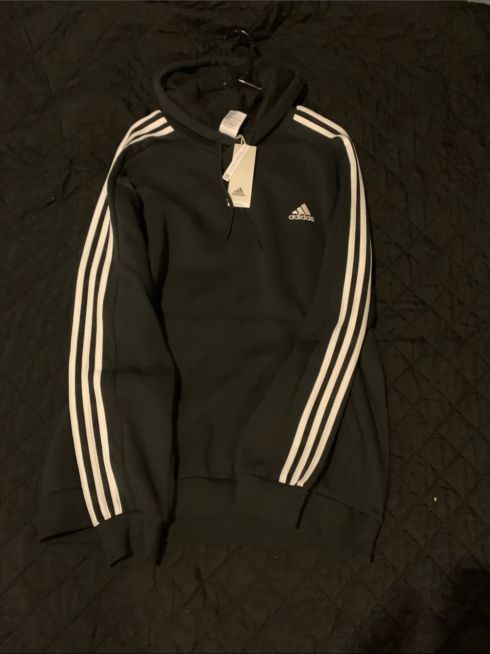 adidas Black Hoodie with White Sleeve Stripes